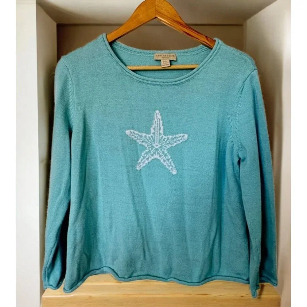 Appleseeds Petites Starfish Sweater Size PXL Turquoise Embroidered Beach Ocean - Picture 1 of 10